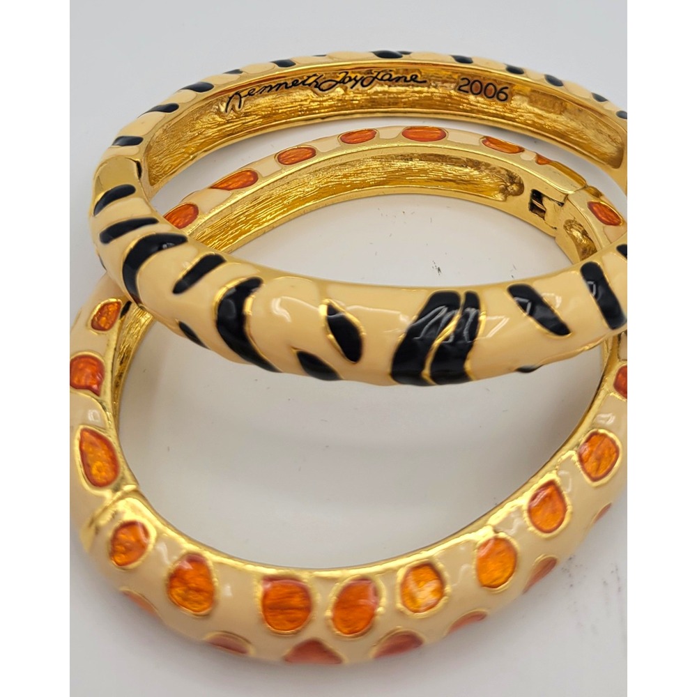 Kenneth Jay Lane Signed Enamel Hinged Bangle Bracelet Set No Stone Animal Vtg